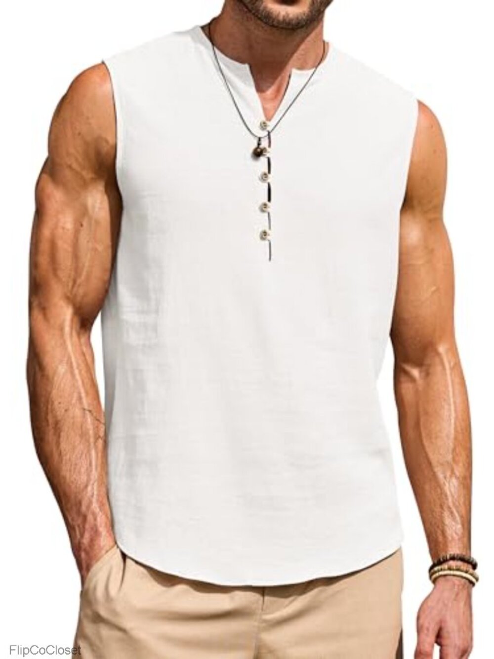 Mens Cotton Linen Tank Top Sleeveless Henley Vest Beach Summer